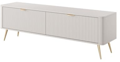 BETTSO - TV Kommode Beige Matt - Fernsehschrank mit Klapptüren, dekorativen Rillen und hohen Metallbeinen in Gold - 163 cm breit, 51 cm hoch - TV Schrank, Kommode Wohnzimmer, Lowboard