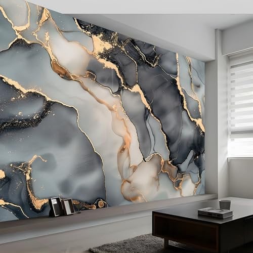 3D Wall Mural Marble Ink Gold Pattern Print Photo Wallpaper, Gray Non-Woven Wall Mural Decoration Poster Picture Design Modern 200 x 140 cm (W x H) Mural for Living Room Kids Bedroom