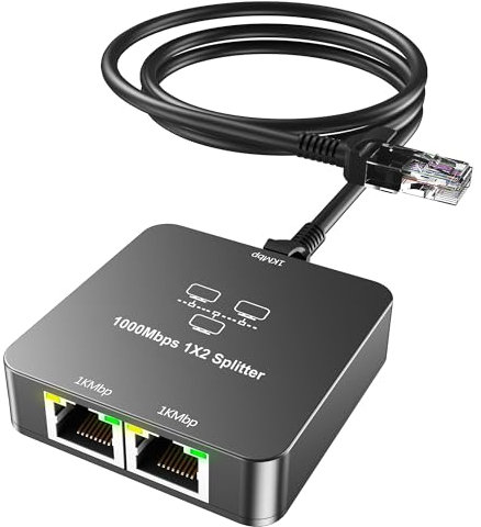 uhddadi 1 to 2 Ethernet Splitter with Cat 6 Cable, 1000Mbps High Speed Switch, RJ45 Connector for Cat 5/5e/6/7/8 Cable, Gray