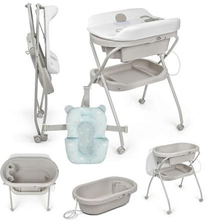 Ms Bubble + Reductor - Bañera Bebé Ergonómica con Patas y Cambiador Impermeable Acolchado con Cierre Compacto, Organizador, 4 Ruedas con Frenos.