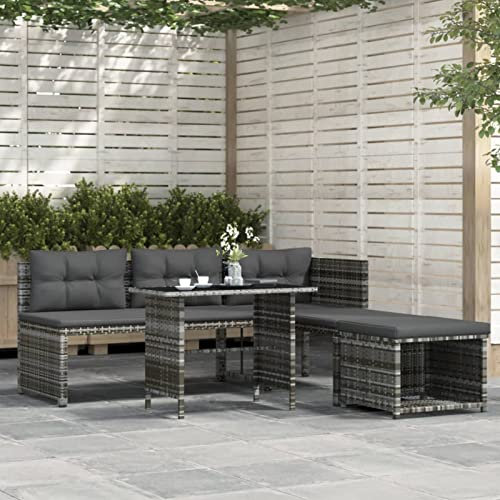 IKAYAA Polyrattan Lounge mit Ecksofa, Esstisch, Balkon Ecklounge Balkon Lounge Balkonsofa Kleiner Balkon Sitzecke Balkon Loungemöbel Gartensofa Ecksofa Balkonmöbel Grau