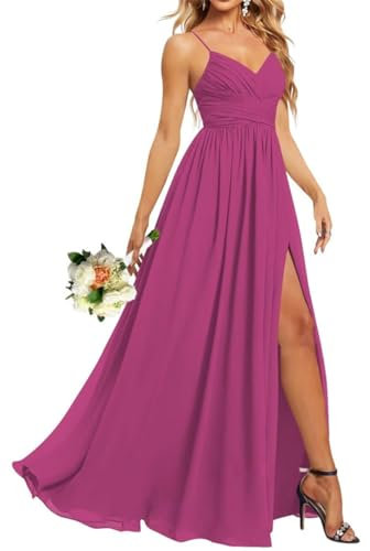 Vestido largo de gasa con cuello en V y abertura para dama de honor, vestido de fiesta formal con bolsillos para mujer, cintura alta, plisado, fucsia, 38