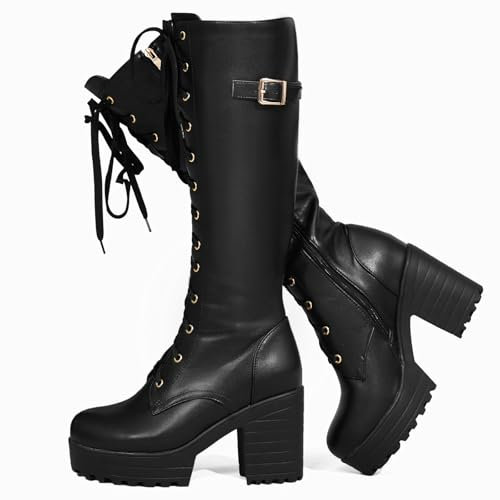 Voviggiw Stivali da motociclista da donna, alla moda, con plateau, con lacci, tacco grosso, con fibbia e cerniera laterale, Nero , 37.5 EU