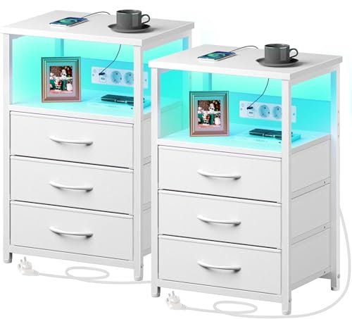 Rolanstar Nachttisch mit Ladefunktion & LED, 2er-Set Sofatisch mit 3 Stoffschubladen, USB-Anschlüssen & Steckdosen, Beistelltische für Wohnzimmer Schlafzimmer, weiß, 40 x 30 x 60 cm