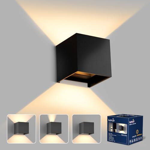 Letlit LED Wandleuchte Innen, 12W Wandlampe Außen Aluminium, Auf und ab Einstellbarer Lichtstrahl Warmweiß 3000K, IP65 Wasserdichte Aussenlampe Wand für Wohnzimmer Schlafzimmer Flur Garten, Schwarz