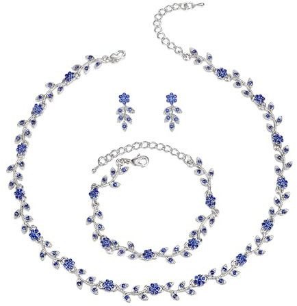 Clearine Wedding Jewellery Set for Women Bride, Gorgeous Stunning Crystal Flower Leaf Cluster Choker Necklace Link Bracelet Stud Earrings for Prom Cocktail Party