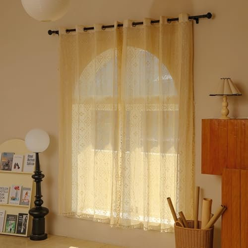 RUIXUAN 150 * 230cm Boho Vorhänge Shabby Chic Stricken Vorhänge Blickdicht Stickerei Quaste 2er Set Beige Vorhang Vintage Gardienen für Wohnzimmer Schlafzimmer Curtains