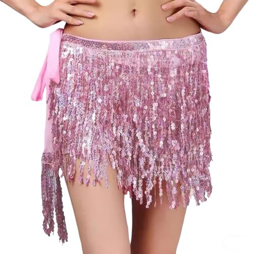Vxcbad Jupe de danse du ventre à paillettes avec franges, accessoire pour carnaval, fête, spectacle, multicolore, Rose, taille unique