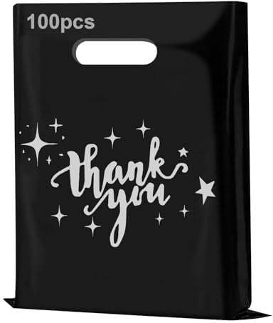 Packung mit 100 schwarzen Kunststoff-Tüten, selbstklebende Dankes-Tüten für kleine Unternehmen, tragbare Aufbewahrungstaschen, perfekt für Hochzeiten (schwarz)