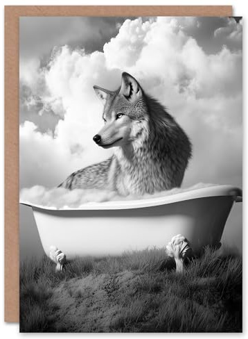 Artery8 Greeting Card Wolf in Bathtub Surreal Black White Bubble Bath Blank For Him Or Her Art Birthday Card