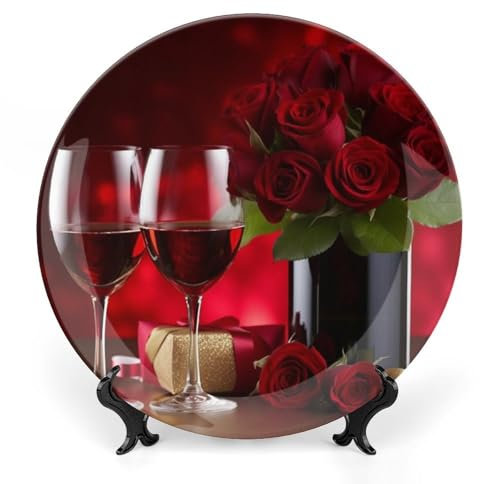 ZLFDSKGY Englisch Porzellan Dekoteller mit Anzeige für Rotwein und Rosen Keramik Essteller Handwerk Runde Porzellan Dekoteller 17,8 cm