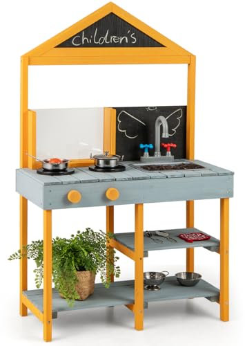 COSTWAY Mud Kitchen, Wooden Kids Toy Kitchen with See-Through Planter Box, Chalkboard, Sink & Faucet, Outdoor Pretend Kitchen Playset for Boys Girls Ages 3-8 (Blue+Yellow)