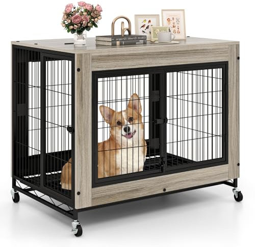GYMAX Dog Crate Furniture, Wooden Dog Kennel on Wheels with Pull-out Tray, 3 Doors, Flip up Top Opening, Indoor Pet Kennel Side Table for Small and Medium Sized Dogs, 97 x 64 x 77 cm (Oak Gray)