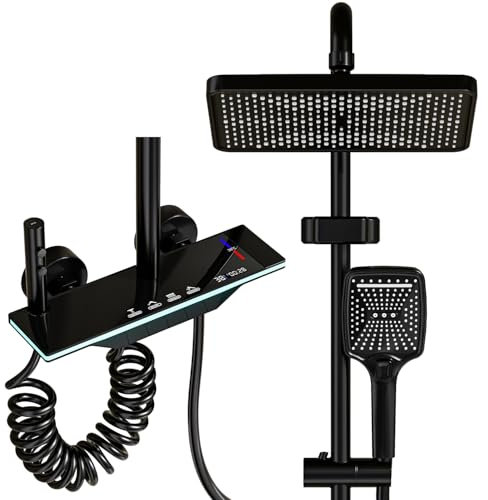 YJYAJIE Colonna Doccia con Miscelatore, Set Doccia Quadrato con Display a LED, Soffione Doccia Grande 31x20cm, Doccetta a 3 Funzioni, Getto Concentrato e Rubinetto per Vasca, Nera