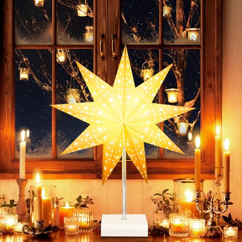 ACAREY Weihnachtsstern, Stehender Weihnachtsstern Beleuchtet, LED Papierstern Weihnachten Tischlampe für Weihnachtsdeko Innen Fenster, Leuchtsterne Deko, Weihnachtsbeleuchtung Lichterkette, Weiß (A)