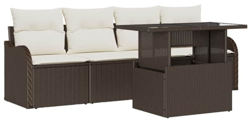 vidaXL Garten-Sofa-Set mit Kissen 5 pcs Braun Poly Rattan, Outdoor-Sofa-Set, rechteckiges Modulsystem, UV-beständiger Rattan, leichte Stauraumfächer, Cooles Möbel