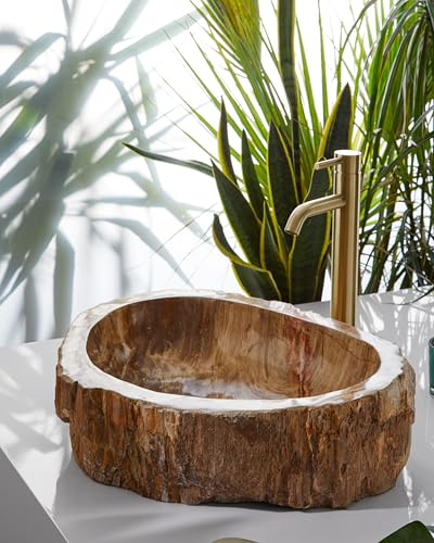 MG Valencia Waschbecken Holz Aufsatzwaschbecken Wood BxTxH: 450x400x150 mm. Aufsatzwaschbecken Oval. Braun Color, Ohne Hahnloch, Raue Außenseit.