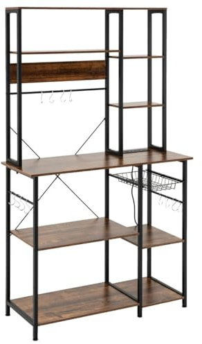 Helloshop26 - Estantería de cocina para microondas (99 x 40 x 170 cm, con toma eléctrica y 12 ganchos, estilo rústico, madera, color marrón
