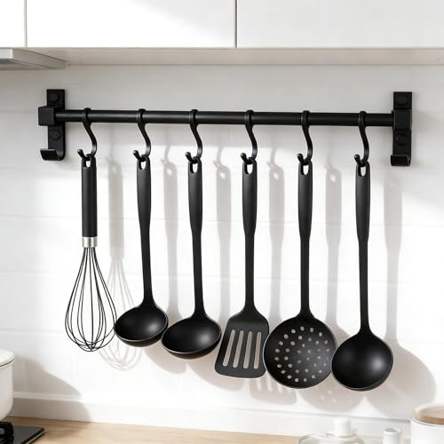 WJUAN Colgador Utensilios Cocina 40 cm, Aluminio Barra Colgante de Cocina, Porta Utensilios Ahorra Espacio con 6 Ganchos Móviles, Multifuncional Porta, para Cucharas, Tablas de Cortar, Tijeras
