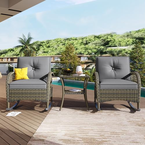 Xwiny Gartenmöbel Set, Rattan Lounge Möbel Outdoor, 3-teiliges, 2 Schaukelstühlen, 1 Tisch, Sitzgruppe für Balkon, Garten, Terrasse, Verzinktes Eisen, Alle Kissen Inklusive (Grau)