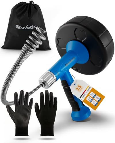GROVETIX - Rohrreinigungsspirale - 7,5m - Mit Bohraufsatz - Abflussreiniger spirale - Extra starke Federstahlspirale für Küche, Bad & Dusche