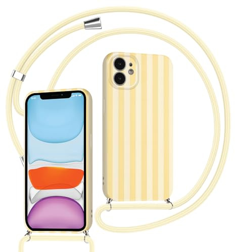 Kueqeay Coque avec Cordon pour iPhone 12 avec Aesthetic Motif Striped Dessin Jaune Case, Silicone étui Fille Femme avec Collier Lanyard Corde Housse de Bumper Protection, 06