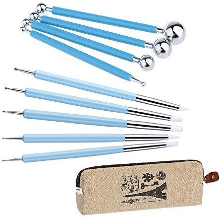 Ecjiuyi 9 x Modellierwerkzeuge, 4 x doppelseitige Metall-Keramik-Tonkugel-Eingabestifte und 5 x 2-Wege-Silikon-Polymer und Prägepapier-Blumen-Einkerbungswerkzeug-Set