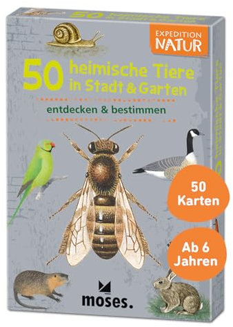 Moses 9778 Expedition Natur - 50 heimische Tiere in Stadt und Garten | Bestimmungskarten im Set | Mit spannenden Quizfragen