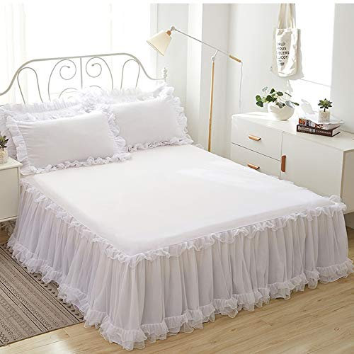 Bettvolant Bettrock Tagesdecke Ruffle Bettüberwurf Spitze Rüschen Bett Rock 3PCS Sets Bettwäsche Prinzessinnen-Stil,White-180X200CM