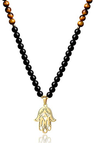 COAI Unisex Verstellbare 108 Mala Yoga Kette Buddhistische Halskette Gebetskette aus Tigerauge und Obsidian mit Fatimas Hand Anhänger