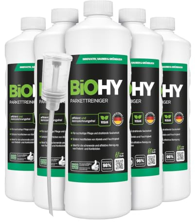 BiOHY Parkettreiniger Konzentrat Holzboden geölt versiegelt (6 x 1 Liter) | Wischpflege für Dielen, Massivholz und Kork, materialschonend, streifenfrei und ergiebig in der Dosierung