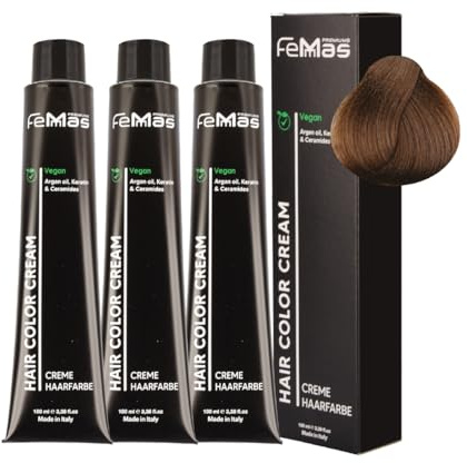 FemMas Tinte para el cabello 3 x color marrón claro arena 5.7 I crema tinte para el cabello con aceite de argán, queratina y ceramidas, como coloración permanente o tinte para obtener resultados de