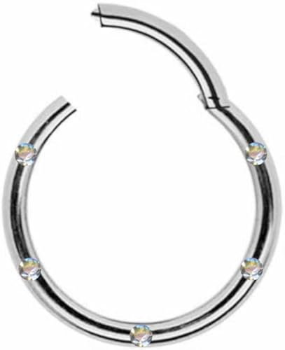 CLICKER TITAN G23 Silber SEGMENTRING Piercing Ring Scharnier Septum Nase Ohr Helix WEISS STRASS Piercingring Klicker TITANIUM Grade 23 Silbern 5 ECHTE ZIRKONIA KRISTALLE WEIß Klar (1,2 mm x 8 mm)