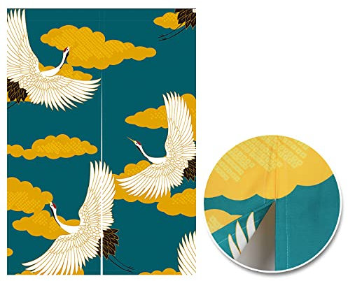 LIGICKY Japanischer Stil Dick Noren Lang Vorhang Doppelseitig Druck TürVorhang Raumteiler Tapisserie für die Heimtextilien 85 x 120 cm, Grün (Gekrönten Kran Floral Moon)