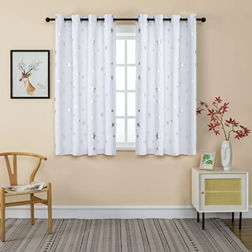 GIRASOLE HOME® Coppia Tende Semi Oscuranti Morbide Fantasia Stelle Argentate Tenda Morbida per Interni con Occhielli 2 Pannelli (Bianco, 140x145cm)