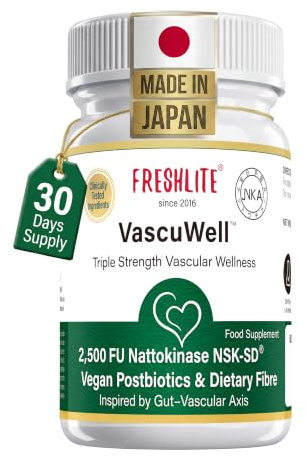 FRESHLITE High Strength 2500FU Nattokinase NSK-SD® - Artery Support | Blood Pressure & Circulation - Vegan Postbiotics & Dietary Fibre - JNKA Certified - VascuWell™ 60 Vegan Capsules