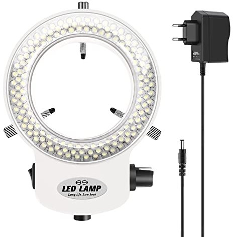 Tiamu LED Ringlicht, LED Kamera Ring Microscope, Optische Ringleuchte Mikroskop Kamera mit 144 Perlen, Helligkeit 0-100% einstellbar, Ringlampe Illuminator für Stereomikroskop (EU Plug)