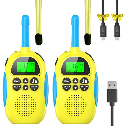 Ushining Talkie Walkie Enfants Rechargeable avec Radio à 2 Voies 16 Canaux, Fonction VOX Lampe de Poche LCD Rétro-éclairée, Talkie Walkie Longue Portée Enfant pour Aventures Extérieures Camping, Jaune