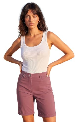 Roman Stretch Shorts for Women UK Ladies Pull On Turned Hem Cut Off Bengaline Mom Boyfriend Boy Denim Casual Cropped Pants Capri Slim Fit Turn Up Summer Crops Mother