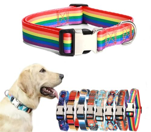 Hundehalsband, weiches Nylon, Metallschnalle, verstellbar, für kleine, mittelgroße und große Hunde, einfaches Gehen, Laufen, Training, Jagd (Regenbogen), Größe S