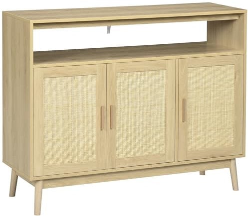 HOMCOM Aparador de Cocina de Estilo Boho Mueble Buffet Auxiliar con 3 Puertas de Ratán Estantes Ajustables y Patas de Madera para Salón Comedor 120x40x97 cm Natural