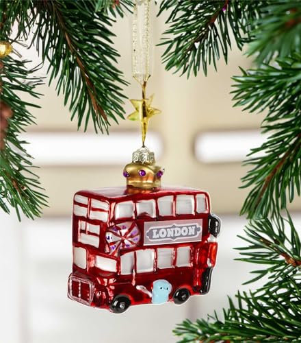 BUBBLE STORE Christbaumschmuck mit Aufhänger, englischer Doppeldecker-Bus dekoriert mit UK-Flagge, London-Aufschrift, Palastwache mit Bärenfellmütze Plus Königs-Krone
