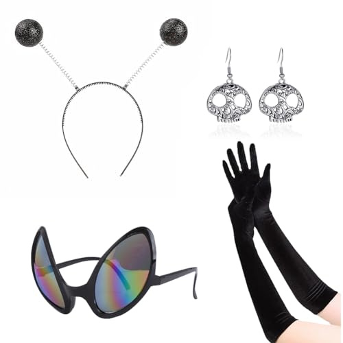 SHDIEHJFMLDH Alien Kostüm Set Glitzer Bopper Stirnband Silber Lange Handschuhe Schwarze Acryl UFO Ohrringe für Damen Verkleidung Erwachsene Kostüm Zubehör Alien Cosplay Kostümzubehör