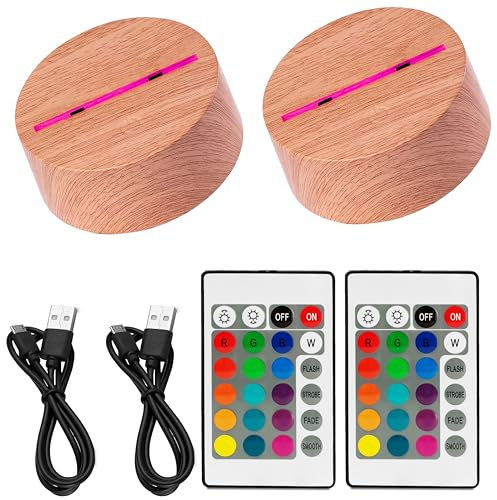 2x 3D LED Lichtsockel Nachtlicht Lampensockel in Holzoptik als Ersatz oder selber bauen. Inklusive Fernbedienung USB Kabel 3D Illusion Lampe 7 Farben. Als Deko Licht Sockel für Maker (2er Holzoptik)