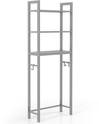 Multigot Over The Toilet Shelf, 3-Tier Metal Space Saver Rack Bathroom Organier Unit with 3 Hooks, Adjustable Freestanding Washing Machine Racks (Gray)