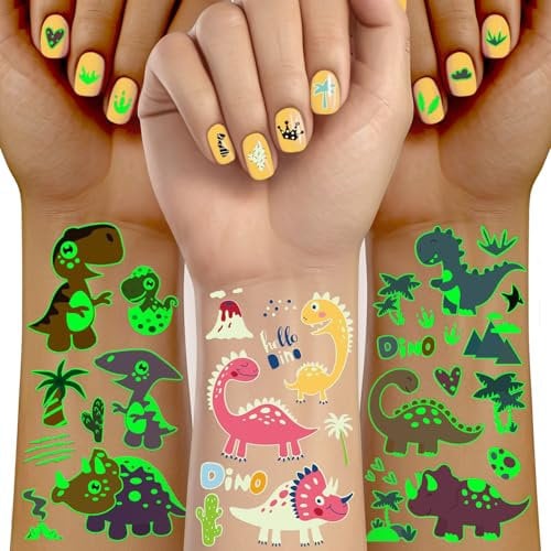 TatoYard Tatuaggi Dinosauri Bambini, 30 Fogli Luminosa Tatuaggi per Bambini Tatuaggi Temporanei Bambini, Trasferelli per Regalini Fine Festa Compleanno Regalo Giochi Dinosauro Giocattolo