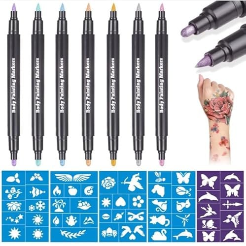 Lictin Temporäre Tattoos, 7 Farben Tatoo Temporäre Markers for Skin, Tattoo Wasserfest für Erwachsene und Kinder, Temporary Tattoo mit Tattoo Schablonen, Temporary Tattoo Body Markers