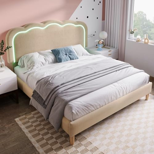 Lit rembourré 140 x 200cm, Cadre de lit avec sommier à Lattes, lit Adolescent en Lin pour Chambre à Coucher, Chambre d'amis,Beige
