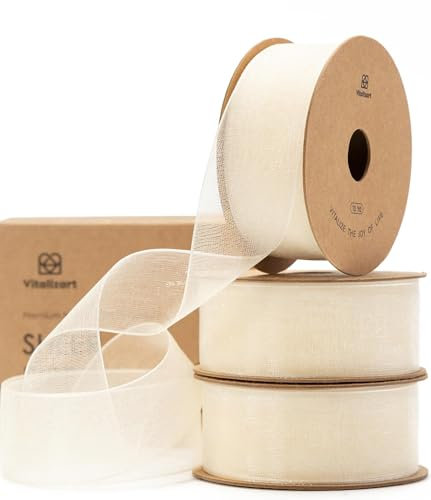 Vitalizart Organzaband Creme Weiß, 2,5 cm x 27,4 m, Farbband zum Basteln, Schleifenband Breit, Geschenkband für Geschenkverpackungen, Weihnachtsbaum, Basteln, Schleifen, Hochzeitseinladungen