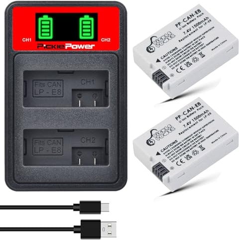 Pickle Power 2Pcs LP-E8 Battery and Dual Charger for Canon EOS 550D, EOS 600D, EOS 650D, EOS 700D, Kiss X4, X5, X6, X6i, X7i, Rebel T2i T3i T4i T5i DSLR Cameras